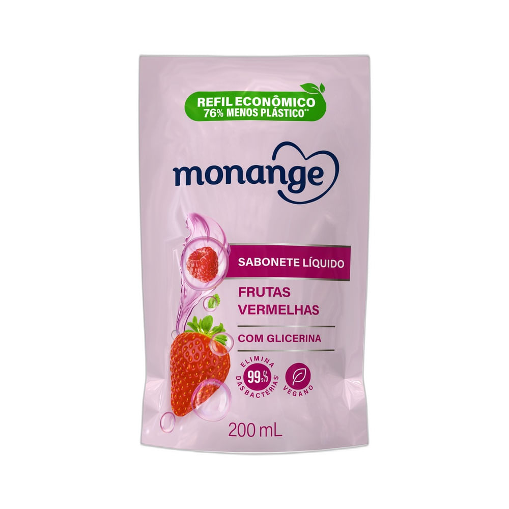 Frente da embalagem refil do Sabonete Líquido Monange Frutas Vermelhas 200ml.